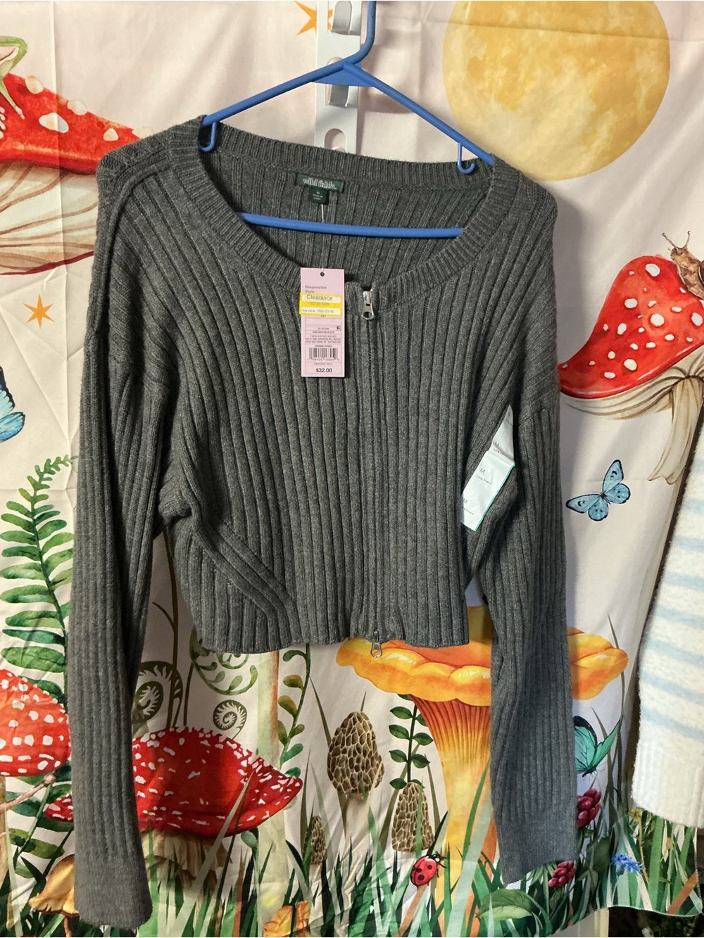 wild fable Gray Ribbed Zip-Front Cropped Sweater